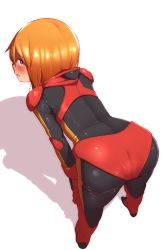 Rule 34 | 1girl, absurdres, ass, bent over, blue eyes, blush, from behind, gundam, gundam zz, hair between eyes, hands on own knees, highres, looking at viewer, looking back, onimaru (onimal7802), open mouth, orange hair, pilot suit, puru two, shadow, short hair, solo, sweatdrop, white background