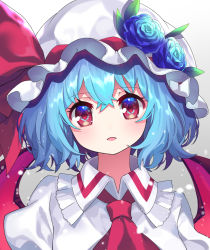 Rule 34 | 1girl, :d, ascot, bat wings, blue flower, blue hair, blue rose, commentary request, dress, flower, grey background, hat, highres, light blush, looking at viewer, mob cap, open mouth, red ascot, red eyes, remilia scarlet, rose, short hair, simple background, smile, solo, touhou, upper body, white dress, wings, yuujin (yuzinn333)