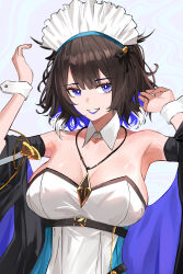 1girl absurdres animal_ears arknights armpits black_hair blue_eyes blue_hair blue_lips breasts bright_pupils cleavage commentary_request detached_collar detached_sleeves dress grin hands_up highres kjera_(arknights) kjera_(ingenious_servant)_(arknights) large_breasts looking_at_viewer official_alternate_costume puranetto_(vjun4748) short_hair smile solo spiral_background strapless strapless_dress upper_body white_dress white_headdress white_pupils white_wrist_cuffs wrist_cuffs