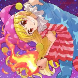 Rule 34 | 1girl, alternate eye color, american flag dress, american flag pants, arm up, armpits, blonde hair, blush, brown eyes, character name, closed mouth, clownpiece, dress, fire, flying, gradient background, hair between eyes, hands up, hat, holding, holding torch, itomugi-kun, jester cap, long hair, looking at viewer, neck ruff, pants, pantyhose, pink hat, polka dot, purple background, short sleeves, smile, solo, star (symbol), star print, starry background, striped clothes, striped dress, striped pants, teeth, torch, touhou