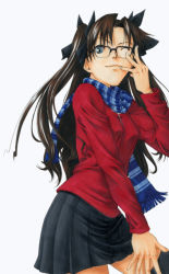 Rule 34 | 00s, 1girl, bespectacled, blue scarf, bow, brown hair, fate/stay night, fate (series), glasses, green eyes, hair bow, kohuseigetsu, long hair, one eye closed, scarf, skirt, solo, striped clothes, striped scarf, thighhighs, tohsaka rin, traditional media, turtleneck, twintails, two side up