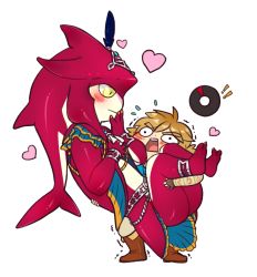 Rule 34 | !, !!, 2boys, blush, blush stickers, carrying, chibi, fish boy, full body, hair ornament, heart, heavy, jewelry, link, male focus, manos, monster boy, multiple boys, nintendo, open mouth, sidon, simple background, the legend of zelda, the legend of zelda: breath of the wild, transparent background, trembling, white background, yaoi, zora