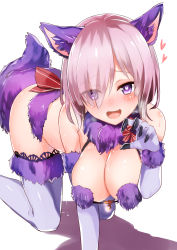 Rule 34 | 1girl, :d, absurdres, all fours, amamitsu kousuke, animal ears, bare shoulders, bikini, black nails, blue gloves, blue thighhighs, blush, breasts, claws, cleavage, elbow gloves, eyes visible through hair, fang, fate/grand order, fate (series), fur, fur trim, gloves, hair over one eye, halloween costume, heart, heart-shaped pupils, highres, lace, lace-trimmed legwear, lace trim, large breasts, light purple hair, looking at viewer, mash kyrielight, mash kyrielight (dangerous beast), micro bikini, nail polish, o-ring, o-ring top, official alternate costume, open mouth, purple eyes, short hair, smile, solo, sweat, swimsuit, symbol-shaped pupils, tail, thighhighs, wolf ears, wolf tail