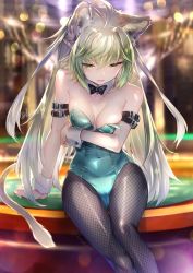 Rule 34 | 1girl, ahoge, animal ears, aqua leotard, arm strap, arm under breasts, atalanta (fate), bad id, bad twitter id, bare shoulders, black pantyhose, blonde hair, blurry, blush, bokeh, braid, breasts, casino, cat ears, cat tail, collarbone, covered navel, depth of field, embarrassed, fate/apocrypha, fate (series), gradient hair, green eyes, green hair, grey pantyhose, hair between eyes, highres, indoors, kittysuit, leotard, long hair, looking at viewer, medium breasts, miyuki ruria, multicolored hair, multiple girls, nontraditional playboy bunny, open mouth, pantyhose, playboy bunny, sitting, skindentation, solo, tail, two-tone hair, very long hair, wrist cuffs