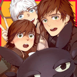 Rule 34 | animification, blue eyes, brown hair, crossover, dragon, dual persona, freckles, green eyes, hiccup horrendous haddock iii, how to train your dragon, how to train your dragon 2, jack frost (rise of the guardians), open mouth, rise of the guardians, round teeth, smile, teeth, toothless, v, white hair, yway1101