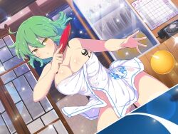Rule 34 | 1girl, ahoge, antique phone, architecture, ball, bare shoulders, blush, bottle, breast tattoo, breasts, cleavage, collarbone, east asian architecture, floral print, gluteal fold, green hair, groin, hair between eyes, hikage (senran kagura), holding, holding paddle, large breasts, lens flare, light particles, looking at viewer, naked towel, official art, paddle, phone, playing sports, rotary phone, senran kagura, senran kagura new link, senran kagura shoujo-tachi no shin&#039;ei, short hair, slit pupils, solo, sparkle, standing, table tennis, table tennis ball, table tennis paddle, tattoo, towel, vending machine, water drop, wet, wet towel, yaegashi nan, yellow eyes