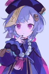 Rule 34 | 1girl, absurdres, bead necklace, beads, black nails, coin, coin hair ornament, dress, genshin impact, grey background, hair ornament, hand to own mouth, hat, highres, holed coin, jewelry, long sleeves, looking at viewer, necklace, ofuda, parted lips, purple dress, purple eyes, purple hair, purple hat, qingdai guanmao, qiqi (genshin impact), short hair, simple background, solo, tarouoga, tassel, upper body