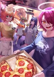 Rule 34 | 4girls, :d, alternate costume, arknights, commentary request, croissant (arknights), drone, exusiai (arknights), food, green eyes, grey hoodie, grin, hair over one eye, hand on own hip, highres, holding, holding food, hood, hoodie, horns, long hair, long sleeves, looking at viewer, memetaroh, midriff, multiple girls, navel, open mouth, orange hair, penguin logistics (arknights), pizza, pizza slice, shirt, short hair, shorts, smile, sora (arknights), stomach, texas (arknights), emperor (arknights), tied shirt, white shorts, yellow shirt