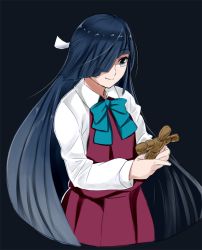 Rule 34 | 10s, 1girl, bad id, bad pixiv id, black hair, bow, bowtie, brown eyes, hair over one eye, hayashimo (kancolle), kantai collection, long hair, ojipon, school uniform, simple background, smile, very long hair, voodoo doll