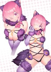 Rule 34 | 1girl, animal ears, ass, breast press, breasts, cosplay, elbow gloves, fake animal ears, fang, fang out, fate/grand order, fate (series), fiodo, fur trim, gloves, groin, hair over one eye, halloween costume, head tilt, highres, large breasts, lips, looking at viewer, mash kyrielight, mash kyrielight (dangerous beast), mash kyrielight (dangerous beast) (cosplay), multiple views, navel, official alternate costume, purple eyes, purple gloves, purple hair, purple thighhighs, revision, short hair, tail, thighhighs, v arms, wolf ears, wolf tail