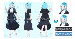 Rule 34 | 1girl, absurdres, blue hair, breasts, bug, butterfly, closed eyes, closed mouth, commission, concept art, geta (epicure no12), haori, high heels, highres, indie virtual youtuber, insect, japanese clothes, long sleeves, looking at viewer, medium breasts, medium hair, second-party source, skeb commission, tsukino diana, virtual youtuber