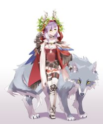 Rule 34 | 1girl, 20day cc, belt, braid, flower, grey footwear, grey hair, hair flower, hair ornament, hand up, highres, hood, horns, looking at viewer, looking to the side, original, red hood, scarf, standing, thigh strap, thighhighs, white scarf, wolf, yellow eyes
