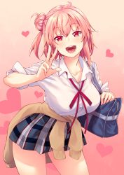 Rule 34 | 1girl, :d, absurdres, akino sora, bag, breasts, cardigan, cardigan around waist, clothes around waist, contrapposto, cowboy shot, gradient background, hair bun, heart, highres, large breasts, leaning forward, looking at viewer, medium hair, open mouth, pink hair, plaid, plaid skirt, pleated skirt, red eyes, red ribbon, ribbon, school bag, school uniform, shoulder bag, side bun, simple background, single side bun, skirt, sleeves rolled up, smile, solo, standing, w, yahari ore no seishun lovecome wa machigatteiru., yuigahama yui