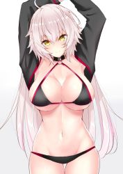 Rule 34 | 1girl, ahoge, arms up, bikini, black bikini, black choker, black jacket, blush, breasts, choker, cleavage, closed mouth, collarbone, cropped jacket, fate/grand order, fate (series), hair between eyes, highres, hip focus, jacket, jeanne d&#039;arc alter (swimsuit berserker) (fate), jeanne d&#039;arc (fate), jeanne d&#039;arc alter (fate), jeanne d&#039;arc alter (swimsuit berserker) (fate), large breasts, long hair, looking at viewer, navel, o-ring, o-ring bikini, sankakusui, shrug (clothing), silver hair, simple background, smile, solo, swimsuit, very long hair, white background, yellow eyes