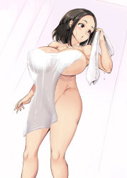 Rule 34 | 1girl, :o, black eyes, black hair, breasts, covered erect nipples, large breasts, legs, looking to the side, naked towel, nude, original, pink background, short hair, solo, standing, thighs, towel, usyuuri, wet