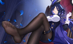 Rule 34 | 1girl, black corset, black pantyhose, black skirt, blue cape, blue hair, blue headwear, breasts, cape, clorinde (genshin impact), commentary request, corset, crossed legs, dangle earrings, dark blue hair, earrings, elbow gloves, epaulettes, feet, fold-over gloves, foot focus, foreshortening, framed breasts, genshin impact, glaring, gloves, hand up, hat, hat feather, high-waist skirt, highres, indoors, jewelry, large breasts, legs, lml, long hair, looking at viewer, multicolored hair, no shoes, on chair, open mouth, pantyhose, pencil skirt, presenting foot, purple eyes, shirt, sitting, skirt, soles, solo, thigh strap, toes, tricorne, white gloves, white shirt
