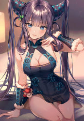 Rule 34 | 1girl, bare shoulders, black dress, blue eyes, blunt bangs, blush, breasts, china dress, chinese clothes, cleavage, detached sleeves, dress, fate/grand order, fate (series), hair ornament, highres, large breasts, long hair, looking at viewer, purple hair, sidelocks, solo, ttosom, twintails, very long hair, yang guifei (fate), yang guifei (second ascension) (fate)