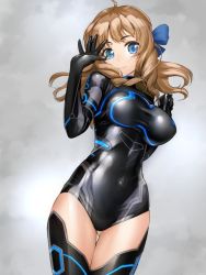 Rule 34 | 1girl, arm at side, black leotard, blue eyes, bow, breasts, brown hair, commentary request, covered erect nipples, covered navel, cowboy shot, drill hair, gluteal fold, hair bow, hair ribbon, leotard, light brown hair, light smile, lips, long hair, looking at viewer, medium breasts, ribbon, sasayuki, shiny clothes, shiny skin, smile, solo, thighhighs, thighs