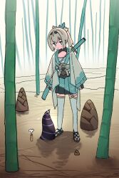 Rule 34 | 2girls, bamboo, bamboo forest, bamboo shoot, bamboo snorkel, blonde hair, blush, chest sarashi, closed mouth, commentary request, day, disguise, fingerless gloves, forest, full body, glint, gloves, green eyes, green skirt, haori, hiding, highres, hololive, horns, japanese clothes, katana, kazama iroha, kazama iroha (1st costume), la+ darknesss, long sleeves, looking at another, looking down, medium hair, multiple girls, nature, outdoors, partially buried, pleated skirt, ponytail, puff of air, sandals, sarashi, shimotsu., skirt, standing, sword, thighhighs, virtual youtuber, weapon, weapon on back, white thighhighs