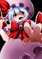 Rule 34 | 1girl, black background, blue hair, blush, bow, fang, female focus, gradient hair, hat, hat ribbon, highres, jewelry, multicolored hair, open mouth, pink hair, remilia scarlet, ribbon, sharp teeth, short hair, short sleeves, slit pupils, solo, teeth, touhou, verta (verlaine)