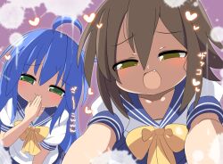 Rule 34 | 2girls, :3, ahoge, blue hair, blue sailor collar, blush, bow, bowtie, brown hair, closed mouth, commentary request, fang, green eyes, hair between eyes, half-closed eyes, hand mouth, heart, izumi konata, kusakabe misao, lets0020, long bangs, long hair, looking at viewer, lucky star, mole, mole under eye, multiple girls, open mouth, purple background, ryouou school uniform, sailor collar, school uniform, serafuku, shirt, short hair, short sleeves, smile, smug, upper body, white shirt, yellow bow, yellow bowtie, yellow eyes