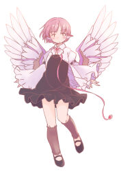 Rule 34 | 1girl, animal ears, bird ears, bird wings, black dress, black footwear, blush, brown socks, closed mouth, collared shirt, dress, feathered wings, fingernails, frilled sleeves, frills, kneehighs, long fingernails, long sleeves, looking at viewer, mystia lorelei, nail polish, open clothes, open shirt, pink hair, pink nails, rangycrow, sharp fingernails, shirt, shoes, short hair, simple background, sleeve garter, socks, solo, touhou, white background, white shirt, white wings, wide sleeves, wings
