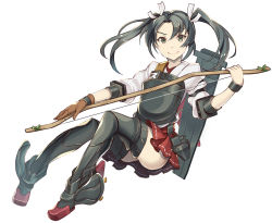 Rule 34 | &gt;:), 10s, 1girl, boots, bow (weapon), brown gloves, flight deck, full body, gi (melmail), gloves, grey eyes, grey hair, hair ribbon, japanese clothes, kantai collection, looking at viewer, muneate, partially fingerless gloves, partly fingerless gloves, pleated skirt, red skirt, ribbon, single glove, skirt, smile, solo, thigh boots, thighhighs, twintails, v-shaped eyebrows, weapon, white background, white ribbon, yugake, zuikaku (kancolle)