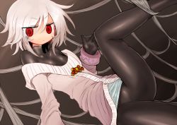 Rule 34 | 1girl, bodysuit, bodysuit under clothes, breasts, glaring, grey hair, jitome, kyuusui gakari, looking at viewer, original, red eyes, short hair, silk, skin tight, small breasts, solo, spider web, turtleneck