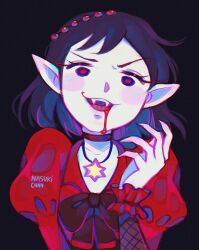 Rule 34 | 1girl, adventure time, black bow, black hair, blood, blood from mouth, blush stickers, bow, choker, collarbone, cross, dress, fangs, fishnet sleeves, fishnets, hand up, jewelry, juliet sleeves, long sleeves, marceline abadeer, medium hair, nasukichan, necklace, pale skin, pointy ears, puffy sleeves, red choker, red dress, solo, star (symbol), star necklace, tongue, vampire
