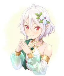 Rule 34 | 1girl, amulet, antenna hair, bare shoulders, collarbone, collared dress, commentary request, detached sleeves, dress, flower, hair between eyes, hair flower, hair ornament, haniwa (leaf garden), highres, kokkoro (princess connect!), looking at viewer, own hands together, pointy ears, portrait, princess connect!, red eyes, see-through, see-through sleeves, short hair, sidelocks, silver hair, simple background, sleeveless, sleeveless dress, smile, solo, split mouth, steepled fingers, v-shaped eyebrows, white background