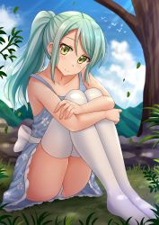 Rule 34 | 1girl, bang dream!, bare arms, bare shoulders, blue dress, blue sky, blurry, blurry background, blush, closed mouth, cloud, cloudy sky, commentary, day, depth of field, dress, english commentary, green eyes, green hair, hair between eyes, highres, hikawa sayo, hugging own legs, kazenokaze, knees up, long hair, mountain, no shoes, outdoors, panties, ponytail, revision, sidelocks, sky, sleeveless, sleeveless dress, smile, solo, strap slip, thighhighs, tree, underwear, white panties, white thighhighs