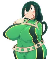 Rule 34 | 1girl, asui tsuyu, black eyes, blush, bodysuit, boku no hero academia, breasts, dark green hair, female focus, gloves, highres, huge breasts, long hair, looking at viewer, shinolara, simple background, smile, solo, tongue, tongue out, white background
