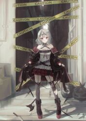 Rule 34 | 1girl, absurdres, axe, belt, black coat, black gloves, black hair, black thighhighs, braid, breasts, camisole, caution tape, chest belt, cleavage, coat, fingerless gloves, garter straps, gloves, grey hair, hair ornament, highres, hololive, knife, kunai, large breasts, medium hair, multicolored hair, plaid, plaid skirt, red eyes, red nails, red skirt, sakamata chloe, sakamata chloe (1st costume), siruru0503, skirt, streaked hair, studded belt, thighhighs, torn clothes, torn thighhighs, trash bag, virtual youtuber, weapon, white camisole, x hair ornament