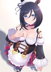 Rule 34 | 1girl, animal ears, apron, black hair, black sleeves, black thighhighs, blouse, blue eyes, blue footwear, bob cut, breasts, choker, cleavage, commentary request, detached sleeves, dirndl, ear scrunchie, eishin flash (umamusume), frilled apron, frilled sleeves, frills, from above, german clothes, hair between eyes, highres, horse ears, horse girl, horse tail, large breasts, long sleeves, looking at viewer, miniskirt, missan sun, partial commentary, red choker, red skirt, scrunchie, shirt, short hair, skirt, smile, solo, striped clothes, striped skirt, swept bangs, tail, thighhighs, umamusume, vertical-striped clothes, vertical-striped skirt, white apron, white scrunchie, white shirt