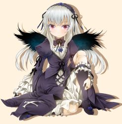 1girl albino bad_id bad_pixiv_id black_dress blue_flower blue_rose boots doll_joints dress female_focus flower full_body gothic_lolita grey_hair hairband joints juliet_sleeves knee_boots lolita_fashion long_hair long_sleeves puffy_sleeves ratryu red_eyes rose rozen_maiden sitting solo suigintou wings