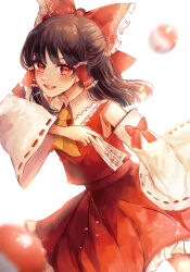 Rule 34 | 1girl, absurdres, artist name, ascot, bare shoulders, between fingers, black hair, blush, bow, detached sleeves, frilled skirt, frills, hair bow, hair tubes, hakurei reimu, highres, hikage (0hi kageo), holding, japanese clothes, long hair, nontraditional miko, ofuda, ofuda between fingers, open mouth, red bow, red eyes, red skirt, ribbon-trimmed sleeves, ribbon trim, sidelocks, signature, simple background, skirt, smile, solo, touhou, white background, white sleeves, wide sleeves, yellow ascot