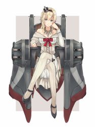 Rule 34 | 10s, 1girl, blonde hair, blue eyes, braid, crown, dress, french braid, full body, garter straps, kantai collection, crossed legs, long hair, long sleeves, machinery, mini crown, off shoulder, sitting, smile, solo, thighhighs, throne, warspite (kancolle), yuo (yuo sn220)