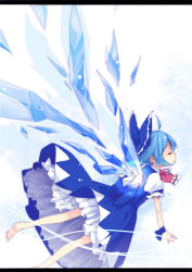 Rule 34 | ahoge, bad id, bad pixiv id, barefoot, blue hair, bow, cirno, dress, embodiment of scarlet devil, closed eyes, feet, flying, glowing, hair bow, ice, jong tu, large bow, letterboxed, outstretched arms, petticoat, profile, ribbon, solo, spread arms, touhou, wings, wrist cuffs, wrist ribbon