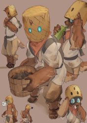 Rule 34 | 1boy, basket, blue eyes, bucket, coal, covered face, digitigrade, dirty, dirty clothes, drinking, eating, food, furry, furry male, glowing, glowing eyes, highres, horns, japanese clothes, looking at viewer, male focus, neckerchief, original, sandals, shorts, sideways glance, single horn, solo, sonomi katsu (misodonnburi201), squiggle, topless male
