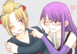 Rule 34 | 2girls, absurdres, arm around back, bare shoulders, blonde hair, blush, breasts, collarbone, detached sleeves, embarrassed, folded ponytail, gintama, glasses, grin, hand on another&#039;s shoulder, highres, japanese clothes, kimono, large breasts, long hair, multiple girls, one eye closed, paleatus, purple eyes, purple hair, red-framed eyewear, sarutobi ayame, scar, scarf, simple background, smile, tsukuyo (gintama)