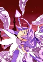 Rule 34 | 1girl, blush, cure sword, dokidoki! precure, earrings, from side, heart, jewelry, kenzaki makoto, light purple hair, looking at viewer, magical girl, precure, profile, purple eyes, red background, sexually suggestive, sideways mouth, silhouette, simple background, smile, solo, tasaka shinnosuke, tentacles