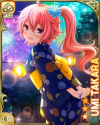 Rule 34 | 1girl, arms behind back, blue kimono, card, character name, fireworks, flower, girlfriend (kari), hair flower, hair ornament, japanese clothes, kimono, night, official art, open mouth, outdoors, pink eyes, pink hair, polka dot, qp:flapper, sash, side ponytail, smile, solo, tagme, takara umi