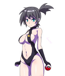 Rule 34 | 1girl, armpits, asymmetrical hair, bare shoulders, batta 16-sei, belt, black hair, breasts, cleavage, creatures (company), curvy, ears, elbow gloves, fingerless gloves, game freak, gloves, green eyes, gym leader, hair bun, halterneck, highleg, highleg swimsuit, highres, holding, holding poke ball, looking at viewer, medium breasts, misty (pokemon), navel, nintendo, one-piece swimsuit, poke ball, pokemon, pokemon: the electric tale of pikachu, ponytail, shiny clothes, short hair, side ponytail, simple background, slingshot swimsuit, smile, solo, swimsuit, thighs, turtleneck