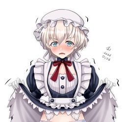 Rule 34 | 1girl, alternate costume, aqua eyes, black dress, blonde hair, clothes lift, dress, dress lift, enmaided, gloves, hat, juliet sleeves, kantai collection, lifting own clothes, long sleeves, maid, mob cap, out-of-frame censoring, puffy sleeves, short hair, simple background, solo, tk8d32, upper body, white background, white gloves, white hat, z1 leberecht maass (kancolle)