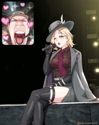 Rule 34 | blonde hair, brown shirt, call of duty, call of duty: mobile, coat, coat on shoulders, cosplay, diagonal-striped clothes, diagonal-striped necktie, fan screaming at madison beer (meme), grey coat, hat, hat feather, highres, holding, holding microphone, langley (path to nowhere), langley (path to nowhere) (cosplay), meme, microphone, narchiart, necktie, path to nowhere, shirt, striped clothes, tagme, trilby, urban tracker (call of duty: mobile), yoshida rin