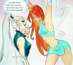 Rule 34 | 2girls, aqua eyeshadow, armpits, bdsm, beckymastery, bite mark, black nails, bloom (winx club), blush, bondage, bound, breasts, chain, closed eyes, commentary, crop top, earrings, english commentary, english text, eyeshadow, fairy wings, halterneck, high ponytail, highres, icy (winx club), jewelry, long finger, long hair, makeup, medium breasts, miniskirt, multiple girls, open mouth, orange hair, side slit, skirt, small breasts, smile, stud earrings, twitter username, very long hair, white hair, wings, winx club, yuri