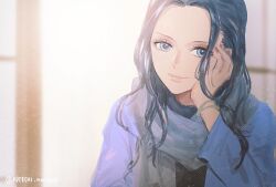 Rule 34 | 1girl, blue eyes, bracelet, cardigan, commentary, hand on own cheek, hand on own face, jewelry, long hair, looking at viewer, nico robin, one piece, potechi norisio, red nails, scarf, sidelocks, smile, sweater, turtleneck, turtleneck sweater, twitter username