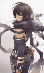 Rule 34 | 1boy, absurdres, ass, bandages, belt, belt pouch, bishounen, black gloves, black hair, black scarf, dark-skinned male, dark skin, earrings, elbow gloves, eyelashes, from behind, gloves, gradient background, granblue fantasy, grey background, hair between eyes, highres, holding, holding knife, jamil (granblue fantasy), jewelry, knife, looking at viewer, looking back, male focus, multiple belts, pouch, scar, scar on face, scarf, serious, short hair, solo, sparkle, standing, urjuwanwan, white background, yellow eyes