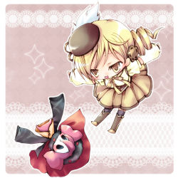 Rule 34 | 10s, 1girl, beret, blonde hair, boots, charlotte (madoka magica), chibi, detached sleeves, drill hair, fingerless gloves, gloves, hair ornament, hat, lace background, magical girl, mahou shoujo madoka magica, mahou shoujo madoka magica (anime), no nose, pleated skirt, puffy sleeves, rinko (agurinjtb), skirt, striped clothes, striped thighhighs, thighhighs, tomoe mami, twin drills, twintails, vertical-striped clothes, vertical-striped thighhighs, zettai ryouiki