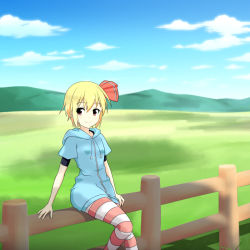 Rule 34 | 1girl, alternate costume, blonde hair, blue sky, cato (monocatienus), cloud, contemporary, day, fence, hair ribbon, hood, hooded track jacket, jacket, looking at viewer, meadow, mountain, outdoors, pantyhose, red eyes, ribbon, rumia, shadow, short hair, sitting, sky, smile, solo, striped clothes, striped pantyhose, touhou, track jacket
